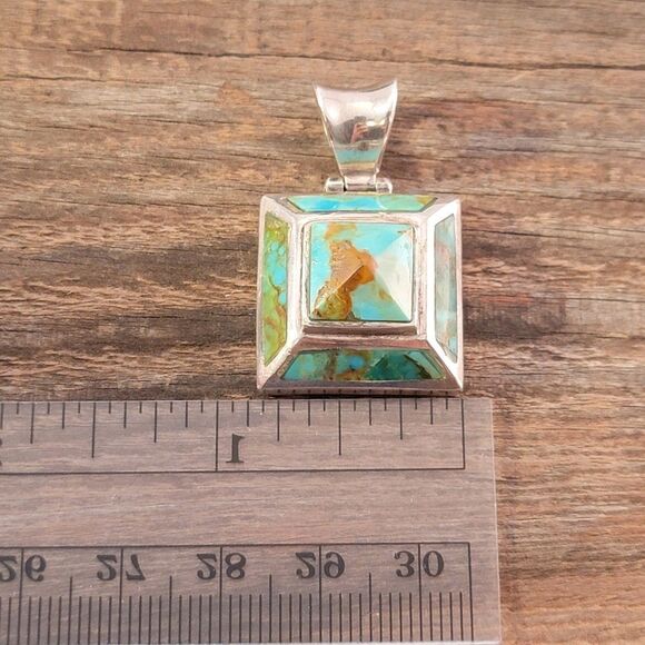 Sterling Gold Matrix Blue Green Turquoise Pyramid Pendant - Picture 9 of 9